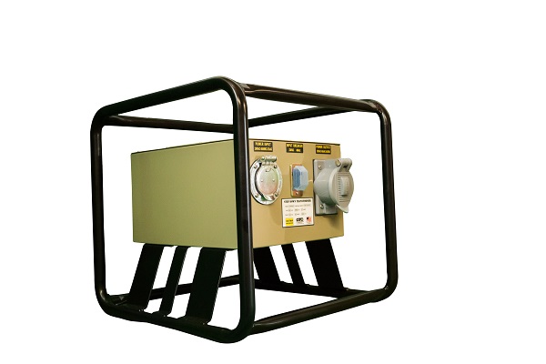 Heavy-duty portable step-down voltage unit inside a custom NEMA1 enclosure with a rugged powder-coated frame