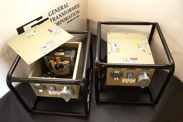Heavy-duty portable step-down voltage units inside custom NEMA1 enclosures with rugged powder-coated frame